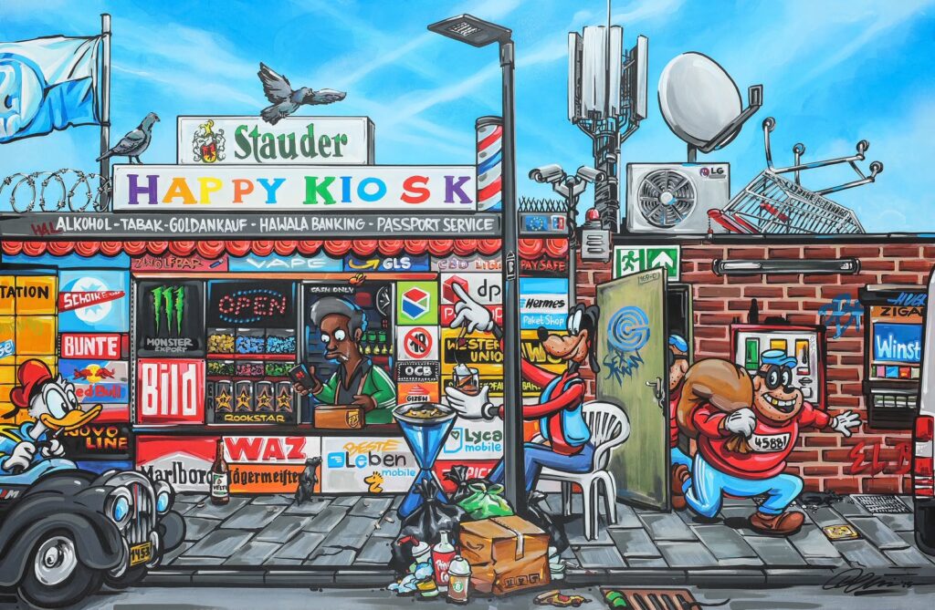 Handgemaltes Pop-Art-Werk: Kiosk mit Comicfiguren, Markenschildern und Straßenszene
